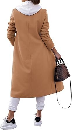 Women Double Breasted Pea  Notched Lapel Collar Blend Long