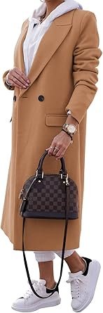 Women Double Breasted Pea  Notched Lapel Collar Blend Long