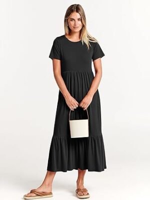 Womens 2025 Casual Maxi Dress A line Tiered Flowy Short Sleeve Crewneck T Shirt Beach Travel Long Dresses