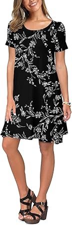 Women Casual Short Sleeve Crew Neck T Shirt Dresses Loose Swing with Pockets
