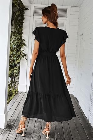 Women Dress Wrap Short Sleeve V Neck Ruffle ALine Flowy Wedding Guest Long Dresses