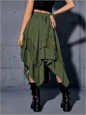 Women Renaissance Flowy Fairy Skirt Y2k Contrast Lace Layered Asymmetrical Midi Skirts