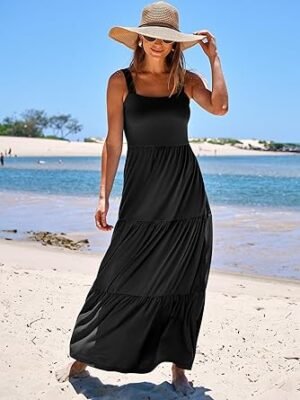 Women Casual Long Maxi Beach Vacation Dresses Sleeveless Square Neck Flowy Tiered Sun Dress with Pockets
