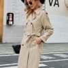 Women Double Breasted Long Windproof Classic Lapel Slim with Belt