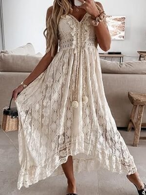 Women Dresses Sleeveless Lace Casual Tassel Beach Spaghetti Straps Flowy Maxi Sun Dress