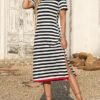 Casual Womens Fashion Short Sleeve Maxi Dress T Shirt Dress Striped Long Color Block Maxi Dress