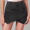 Woman High Waisted Pull On Stretchy Denim Wrap Skirt with Shorts Trendy Asymmetrical Skort