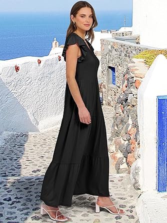 Womens Casual Maxi Dress V Neck Ruffle Sleeve Long Dresses Fashion Flowy Tiered Boho Beach Vacation Sundress