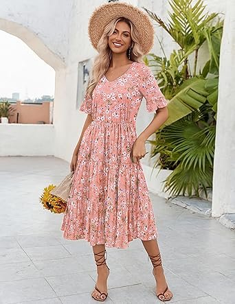 Women Casual Dress Floral V Neck Ruffle Short Sleeve Flowy Beach Dress with Pockets