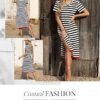 Casual Womens Fashion Short Sleeve Maxi Dress T Shirt Dress Striped Long Color Block Maxi Dress